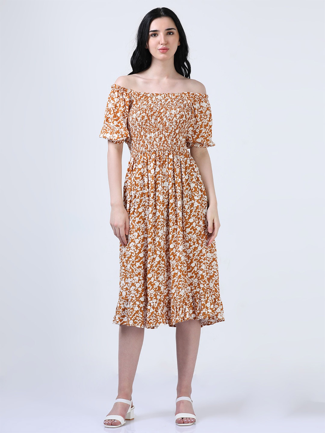 

Hassu's Floral Print Off-Shoulder Fit & Flare Midi Dress, Mustard