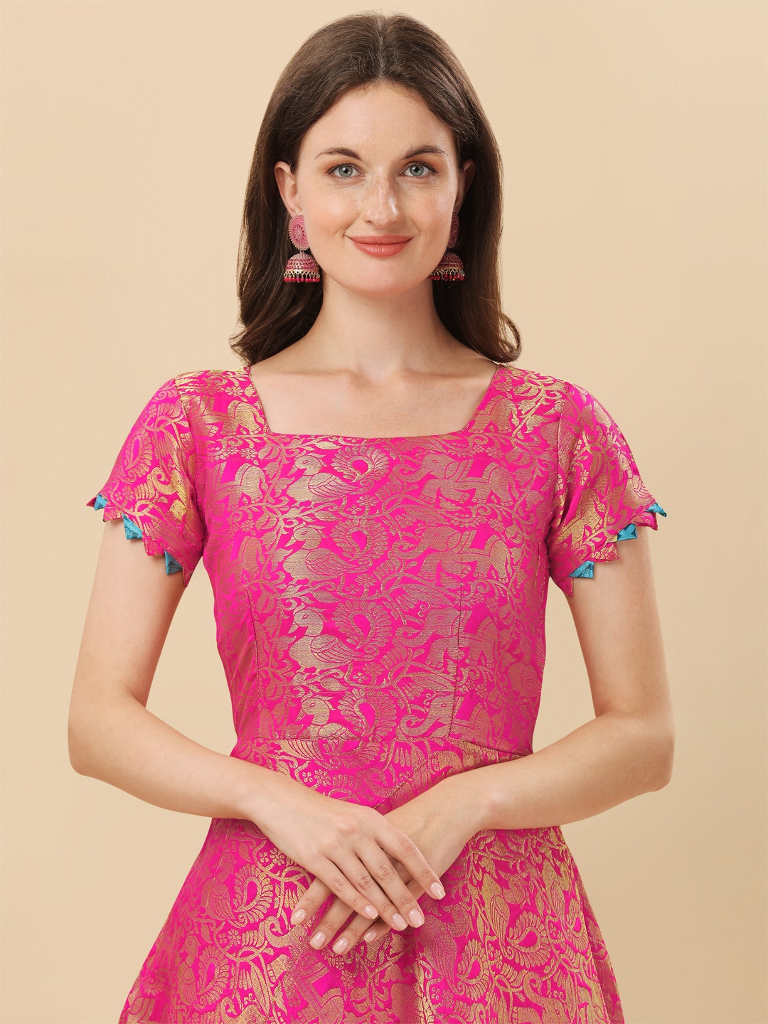 

KALINI Floral Print Georgette A-Line Ethnic Dress, Pink