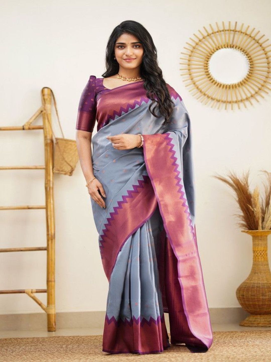 

KALINI Woven Design Zari Pure Silk Kanjeevaram Saree, Grey