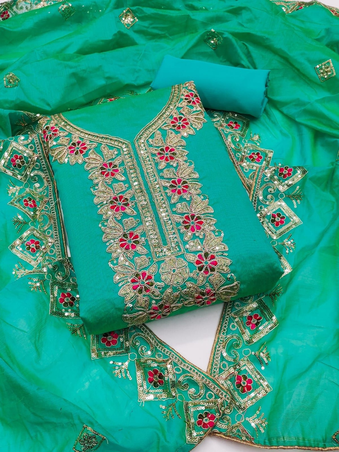 

COCFI Floral Embroidered Sequinned Chanderi Silk Unstitched Dress Material, Green