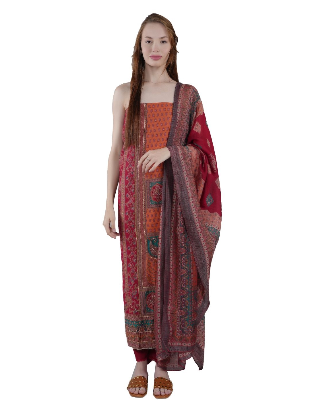 

MOZAFIA Floral Printed Sequinned Unstitched Dress Material, Red