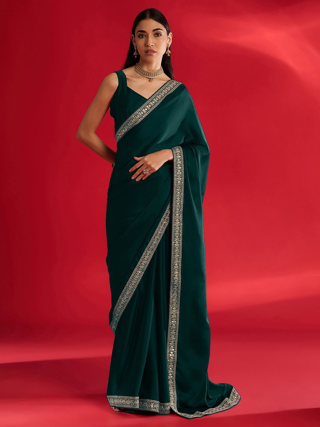 

Mitera Embroidered Satin Saree, Green