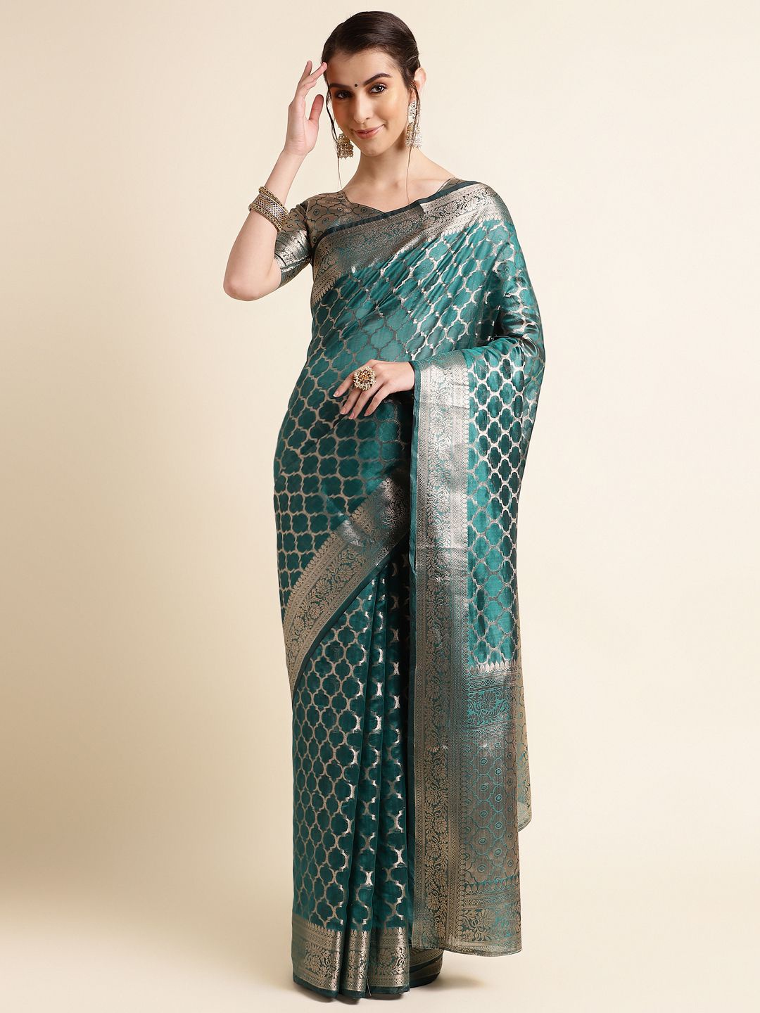 

Melok Woven Design Zari Organza Banarasi Saree, Green