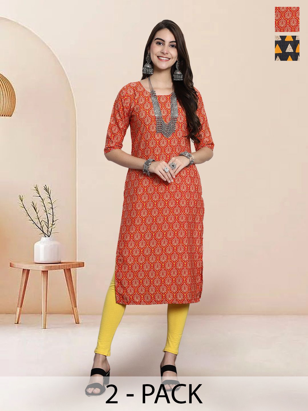 

7Threads Selection Of 2 Ethnic Motifs Printed Round Neck Kurtas, Red