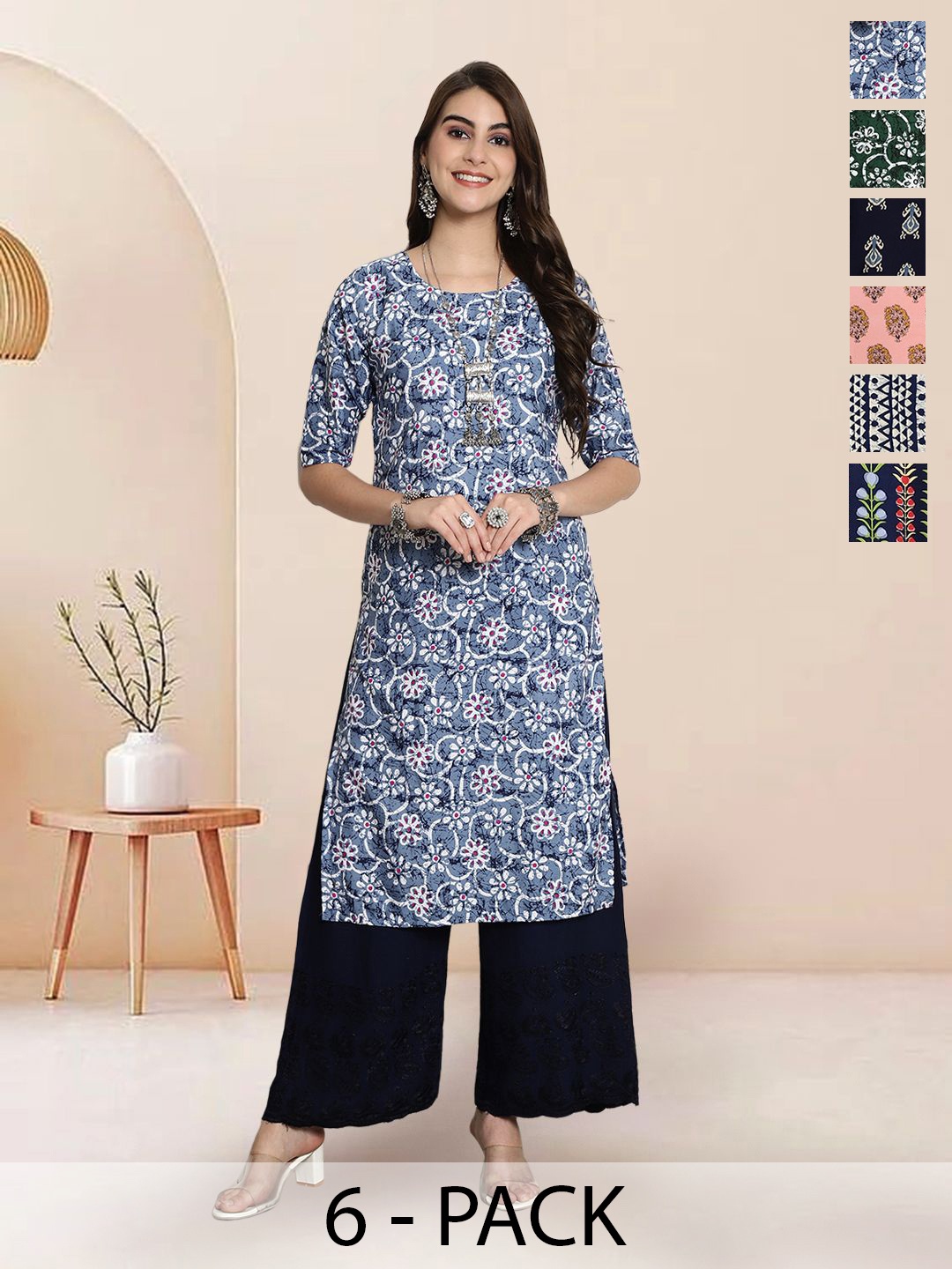 

7Threads Selection Of 6 Floral Printed Round Neck Straight Kurtas, Blue