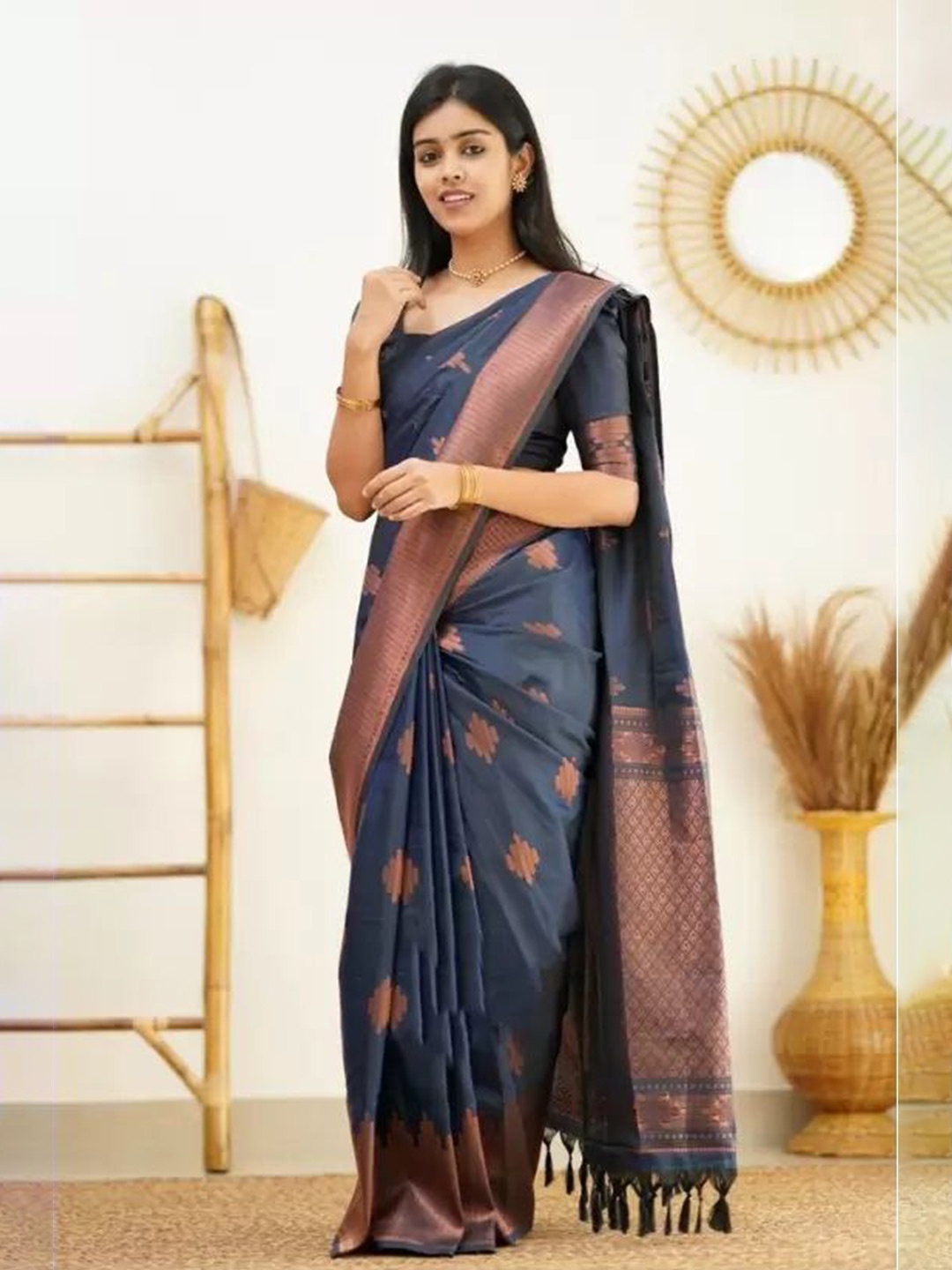 

A TO Z CART Woven Design Zari Art Silk Kanjeevaram Saree, Navy blue
