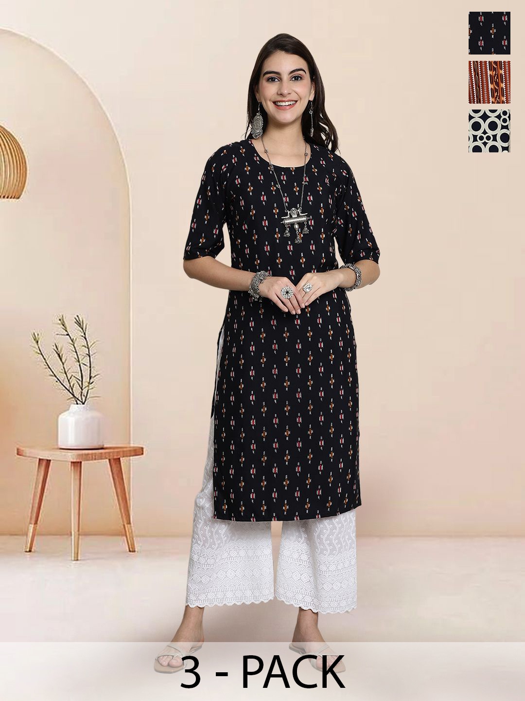 

7Threads Selection Of 3 Ethnic Motifs Printed Round Neck Straight Kurtas, Black