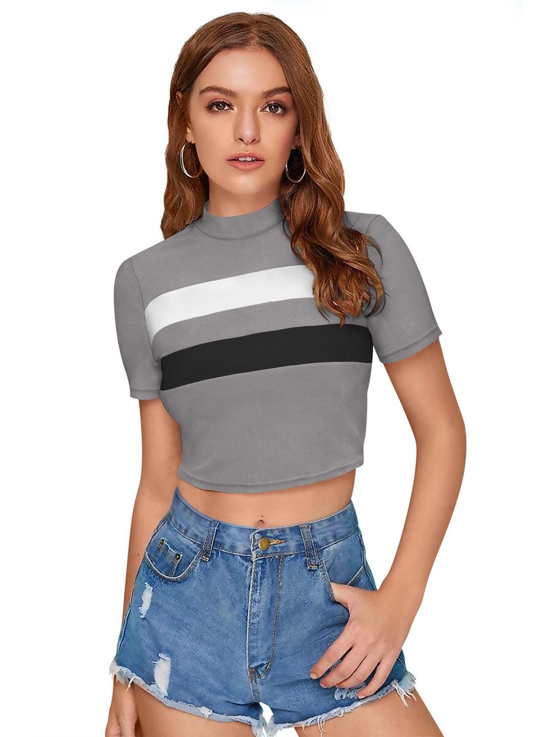 

ODETTE Striped High Neck Crepe Fitted Crop Top, Grey