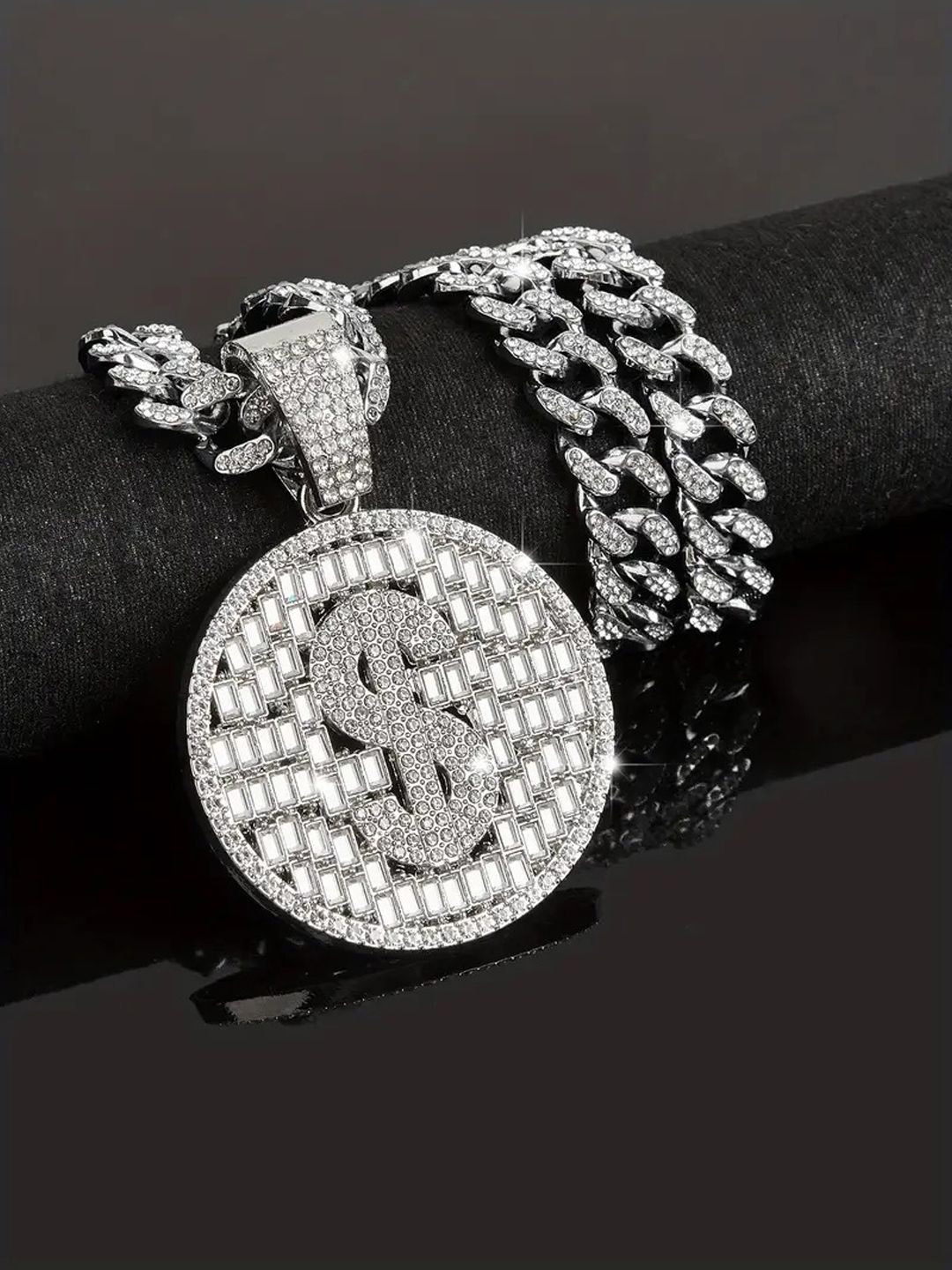 

FIMBUL Men Sterling Silver-Plated CZ-Studded Cuban Bling Dollar Chain