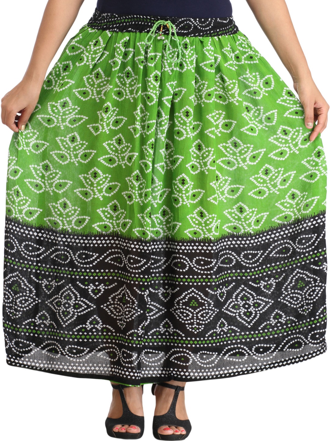 

Exotic India Printed Flared Maxi Skirts, Green