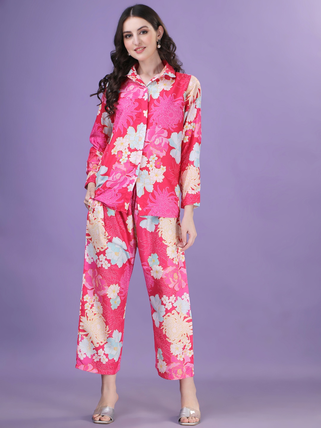 

Siya Fashion Floral Printed Long Sleeve Shirt & Trouser, Pink