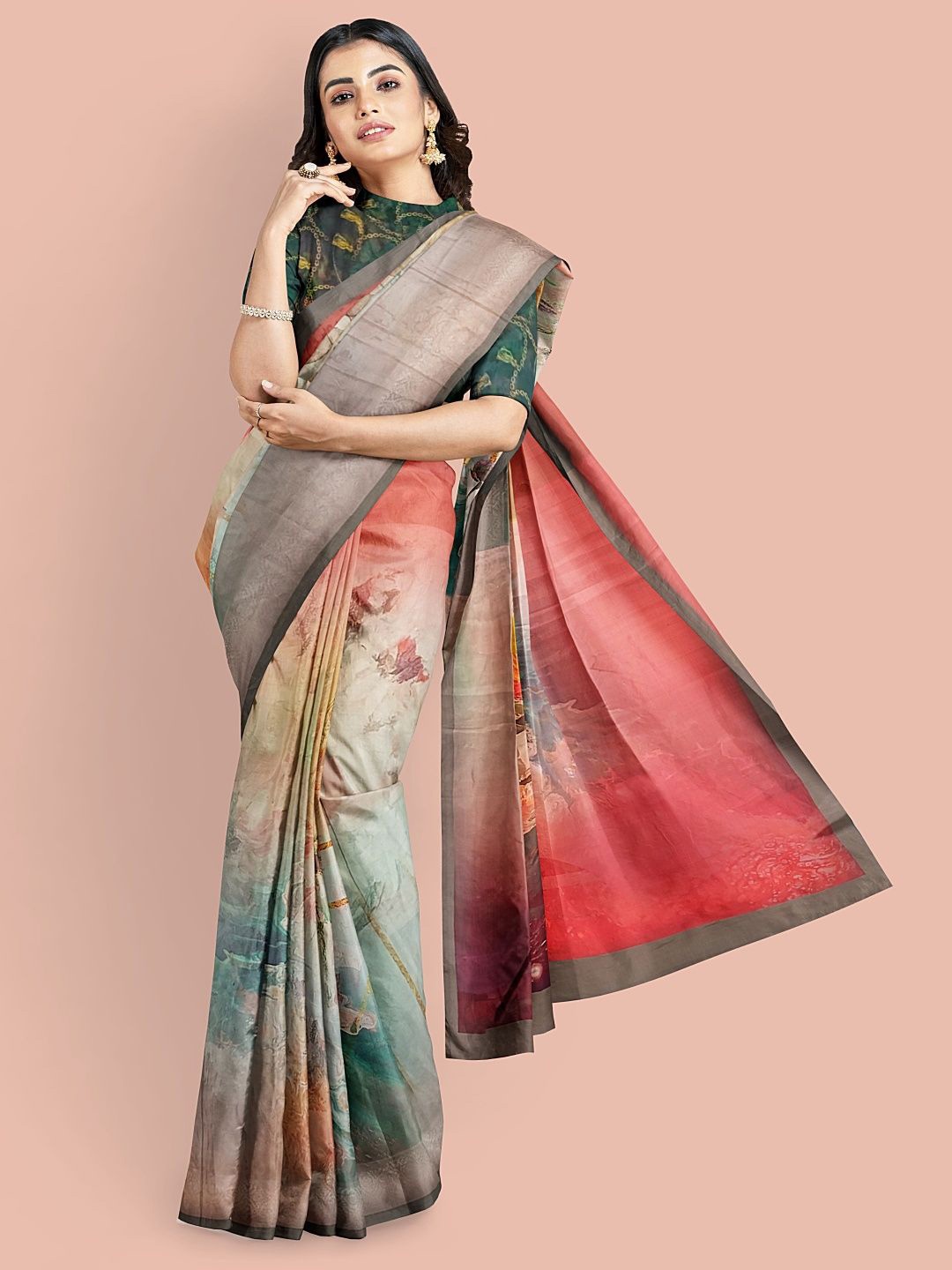 

Avyay Creation Floral Printed Silk Crepe Saree, Grey