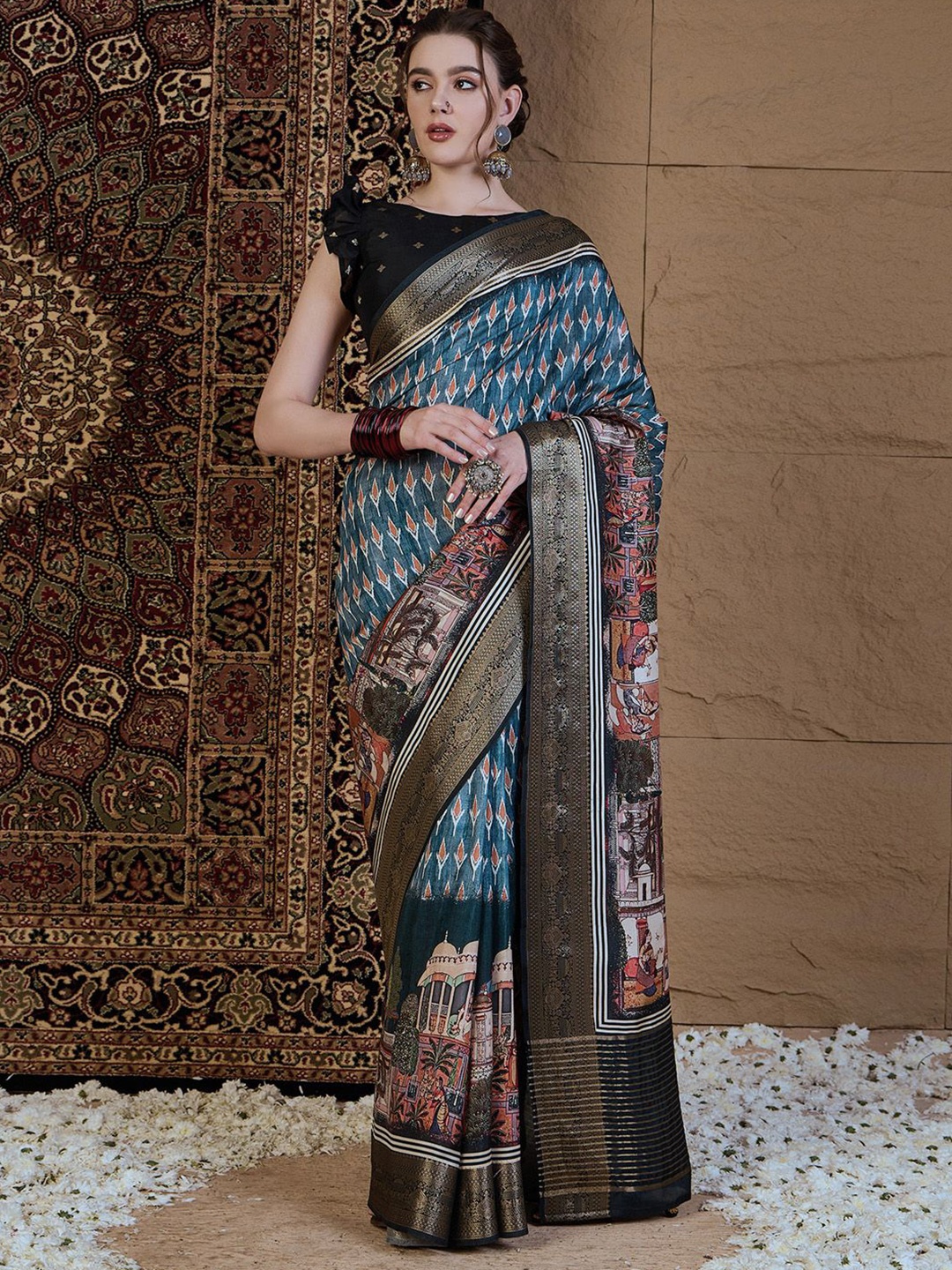 

Anouk Ethnic Motifs Zari Silk Blend Sungudi Saree, Teal