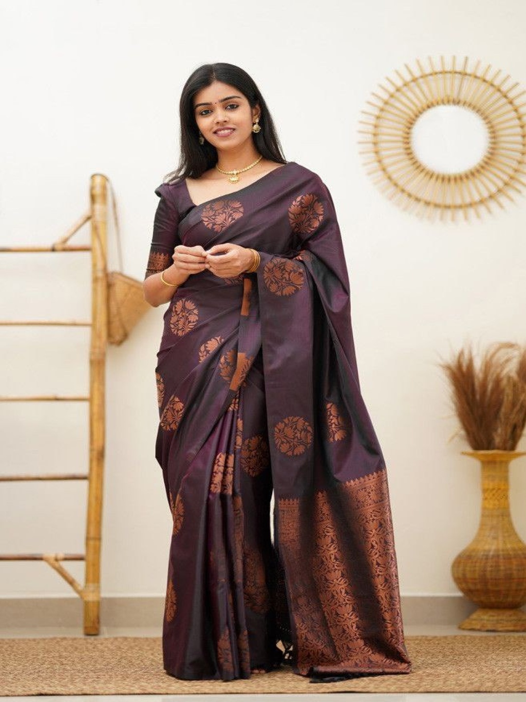 

KALINI Ethnic Motifs Zari Kanjeevaram Saree, Purple