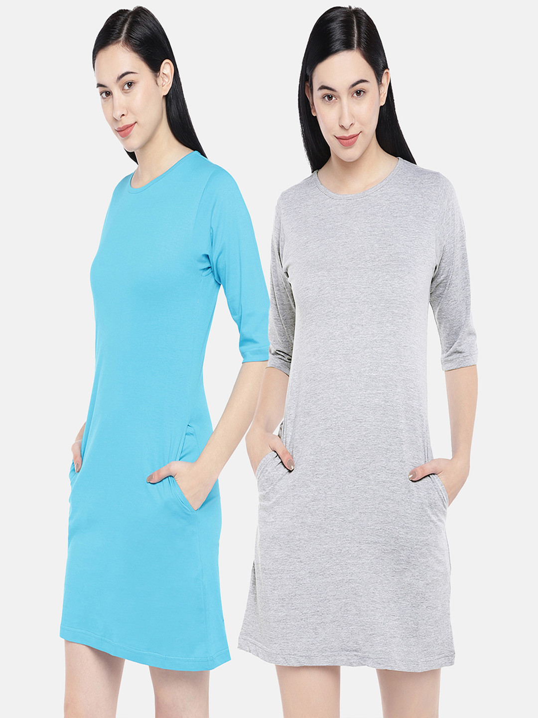 

STATUS MANTRA Pack of 2 Round Neck Pure Cotton T-shirt Dresses, Blue