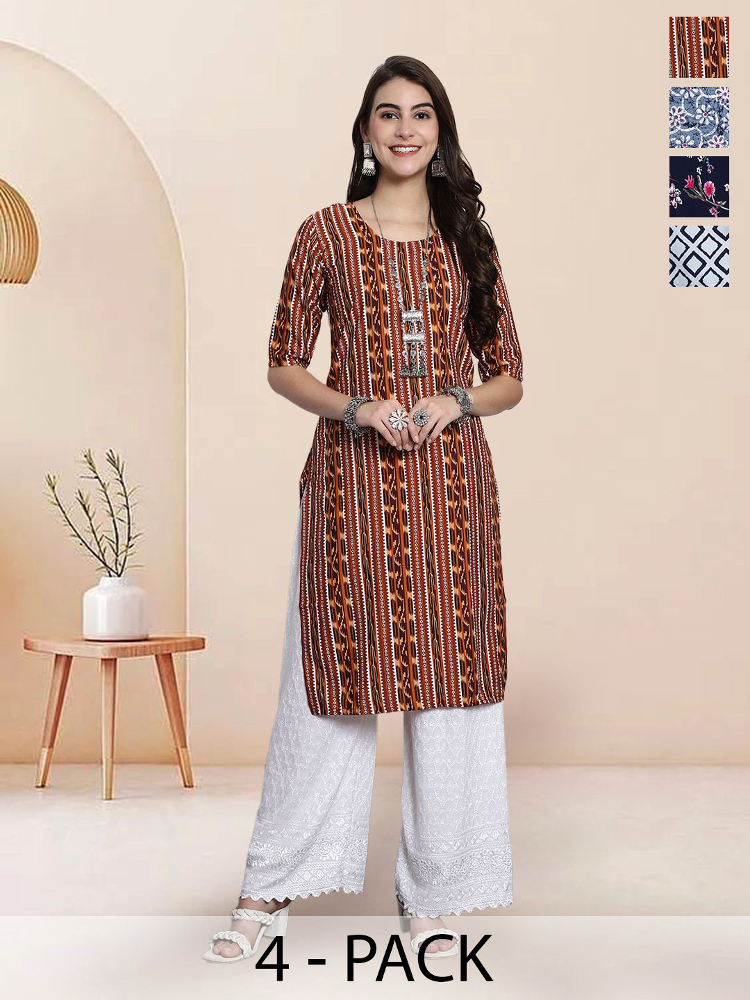 

7Threads Selection of 4 Geometric Printed Round Neck Straight Kurtas, Rust