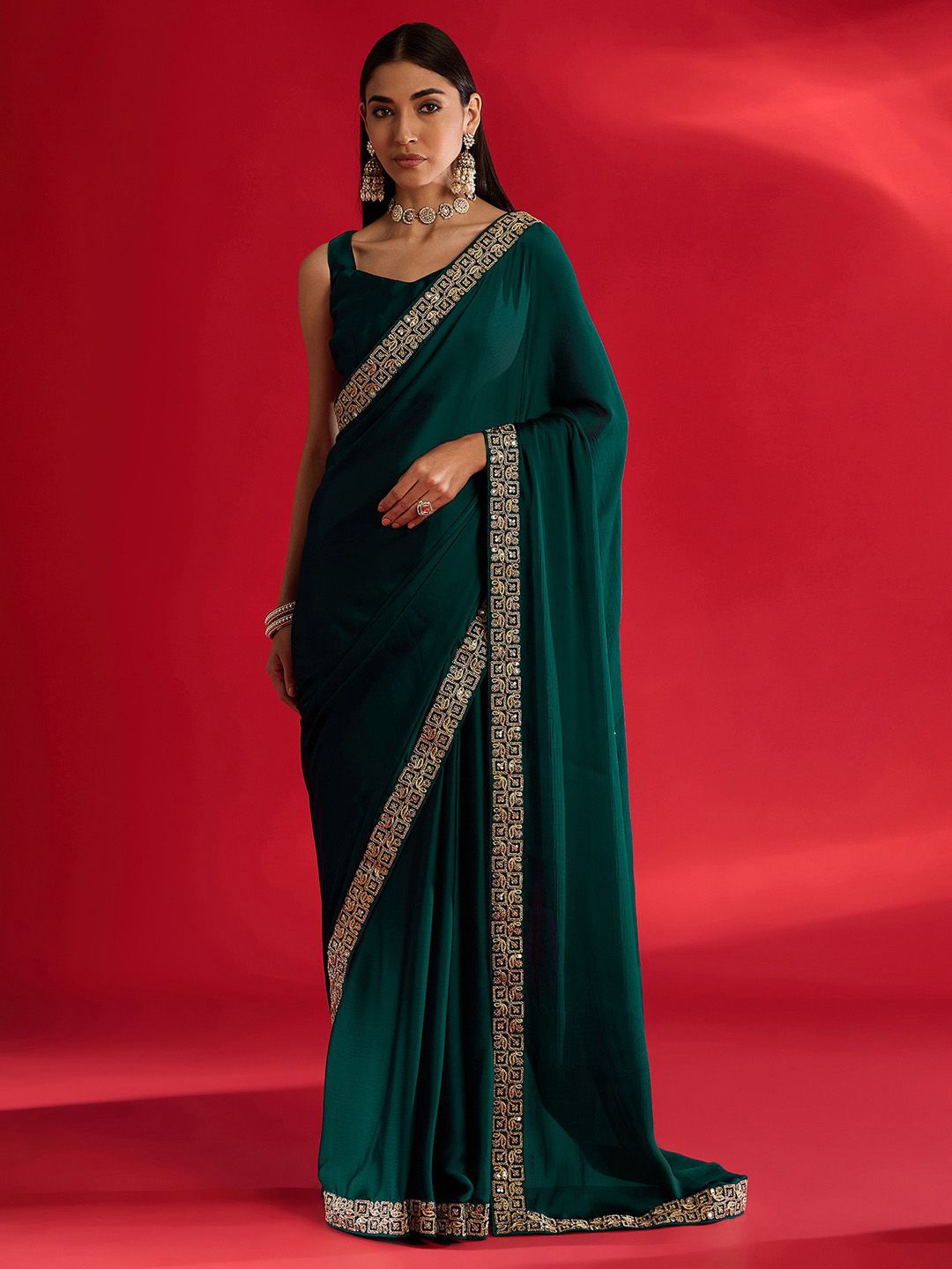 

Mitera Embroidered Satin Saree, Green