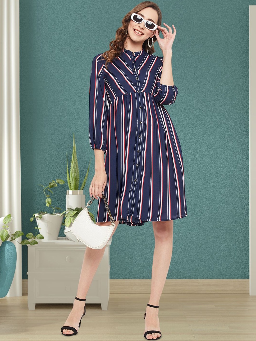 

DressBerry Striped Crepe A-Line Dress, Navy blue