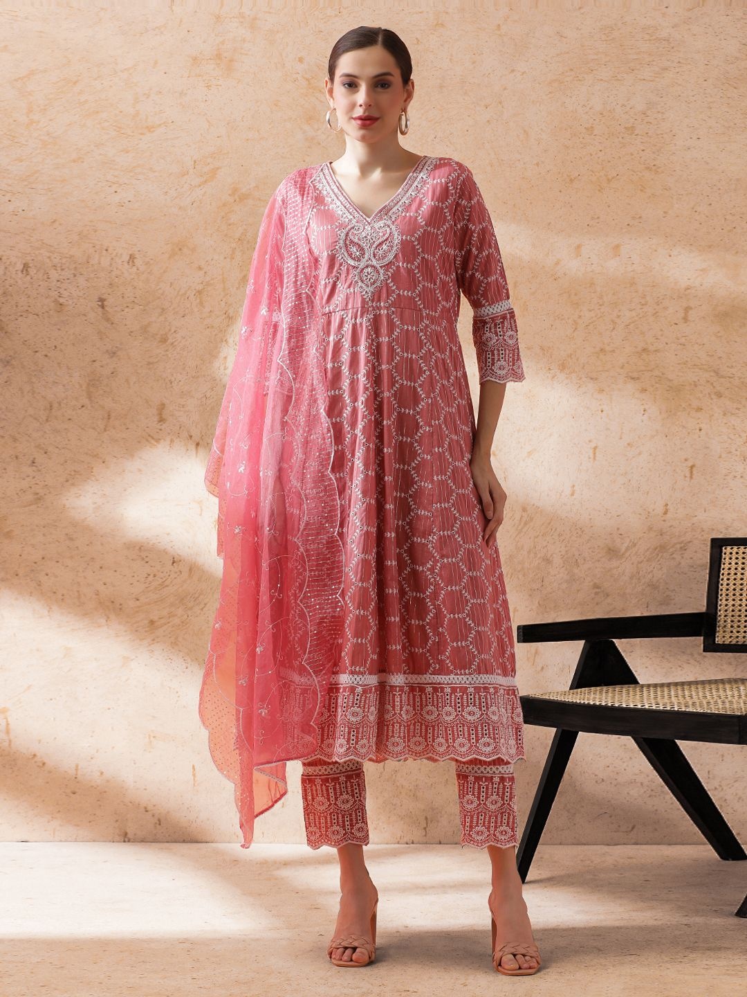 

STYLEBAAZI Embroidered V-Neck Sequinned Pure Cotton Anarkali Kurta With Trouser & Dupatta, Pink