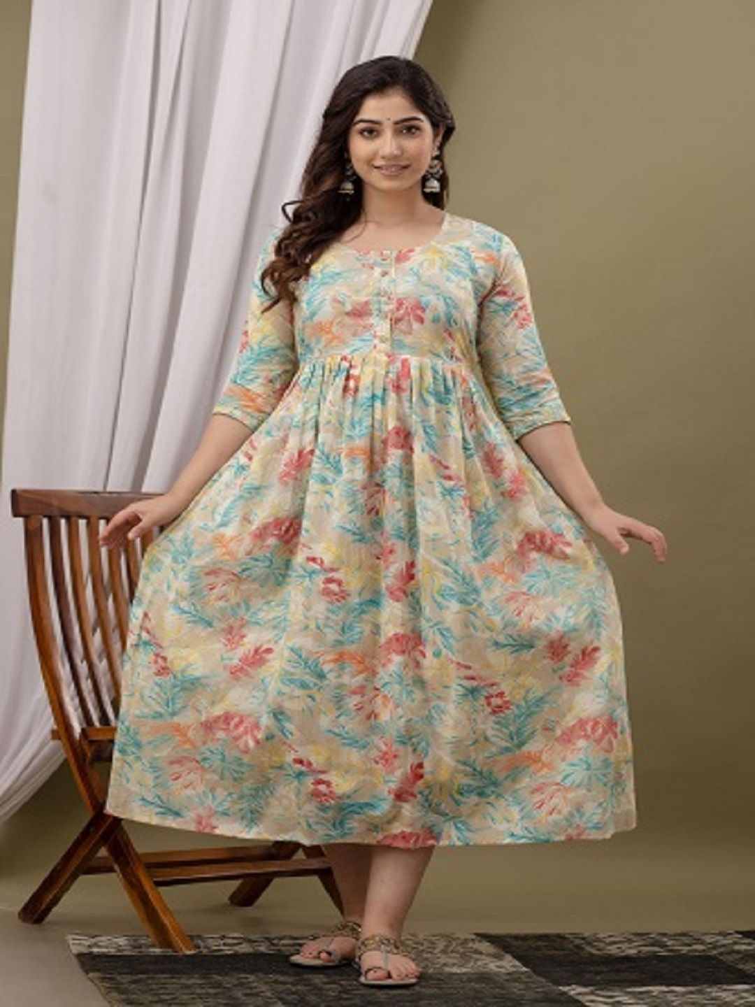

Nevisha Style Women Floral Printed Thread Work Floral Maternity Anarkali Kurta, Multi