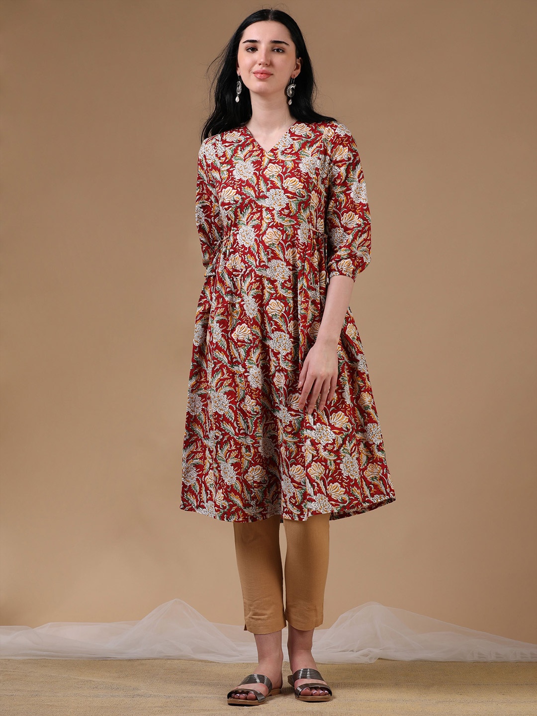 

Hassu's Ethnic Motifs Print Puff Sleeve A-Line Dress, Red