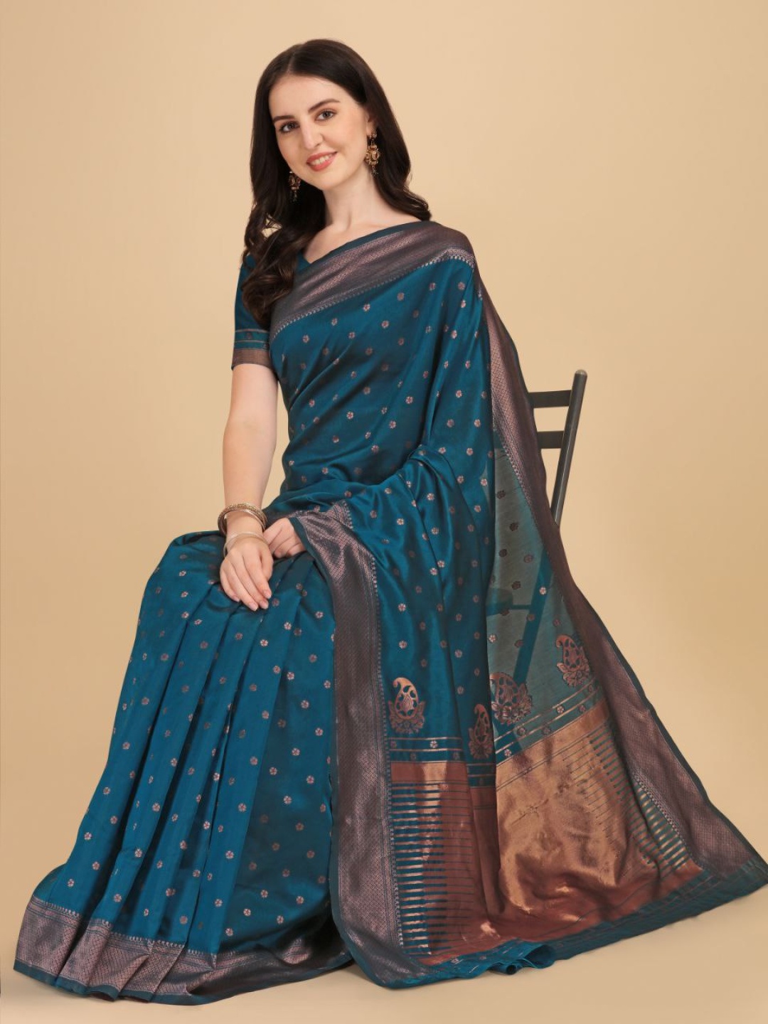

KALINI Woven Design Zari Pure Silk Saree, Teal