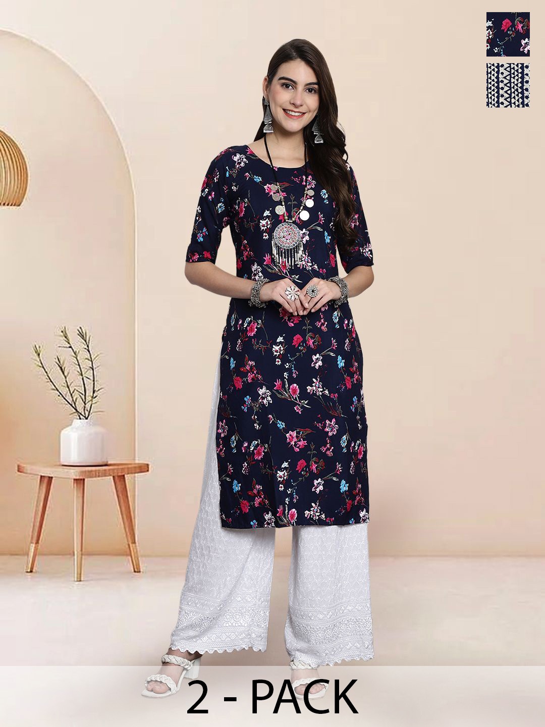 

7Threads Selection Of 2 Floral Printed Round Neck Straight Kurtas, Navy blue