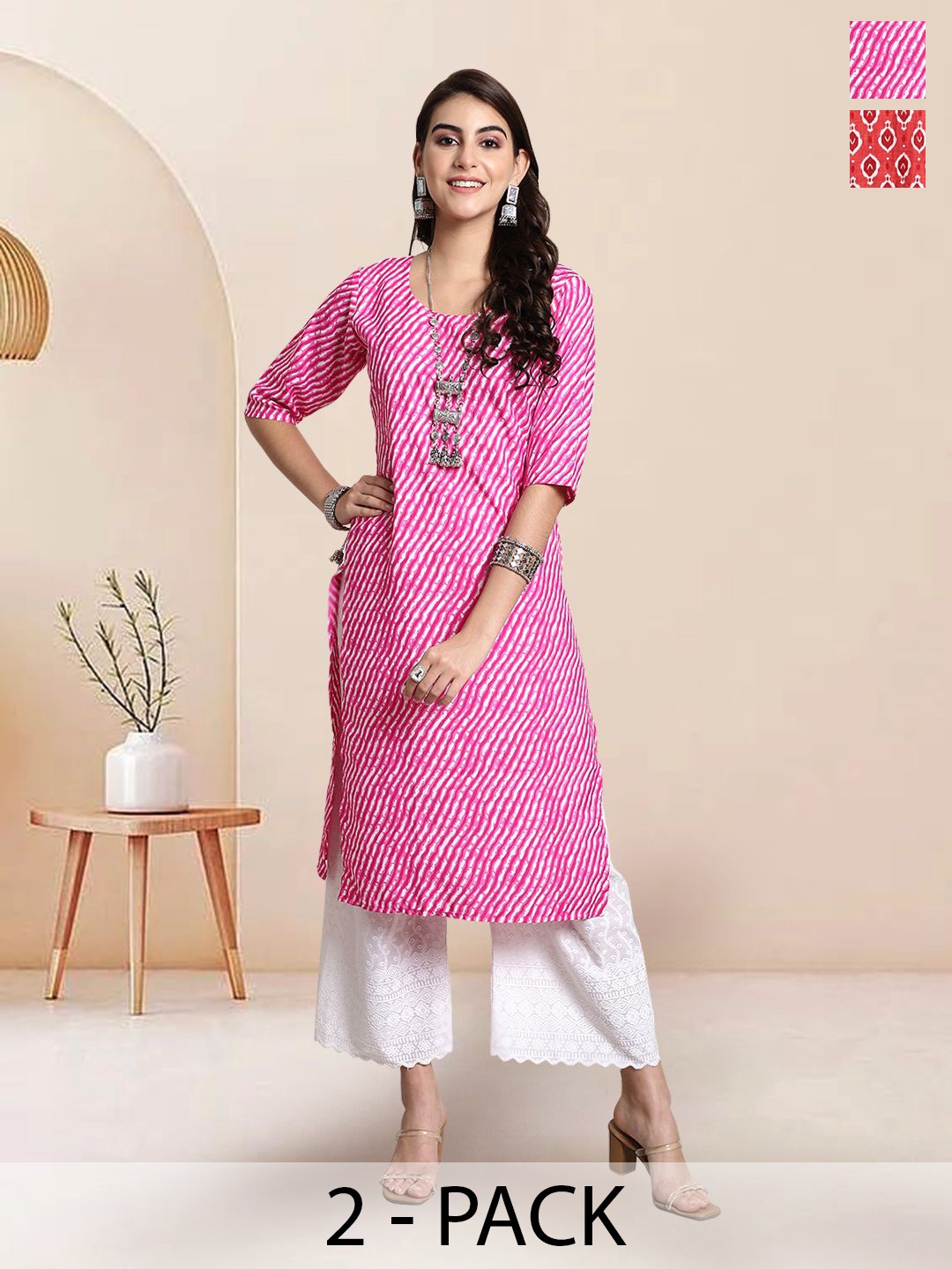 

7Threads Selection of 2 Leheriya Printed Round Neck Straight Kurtas, Pink