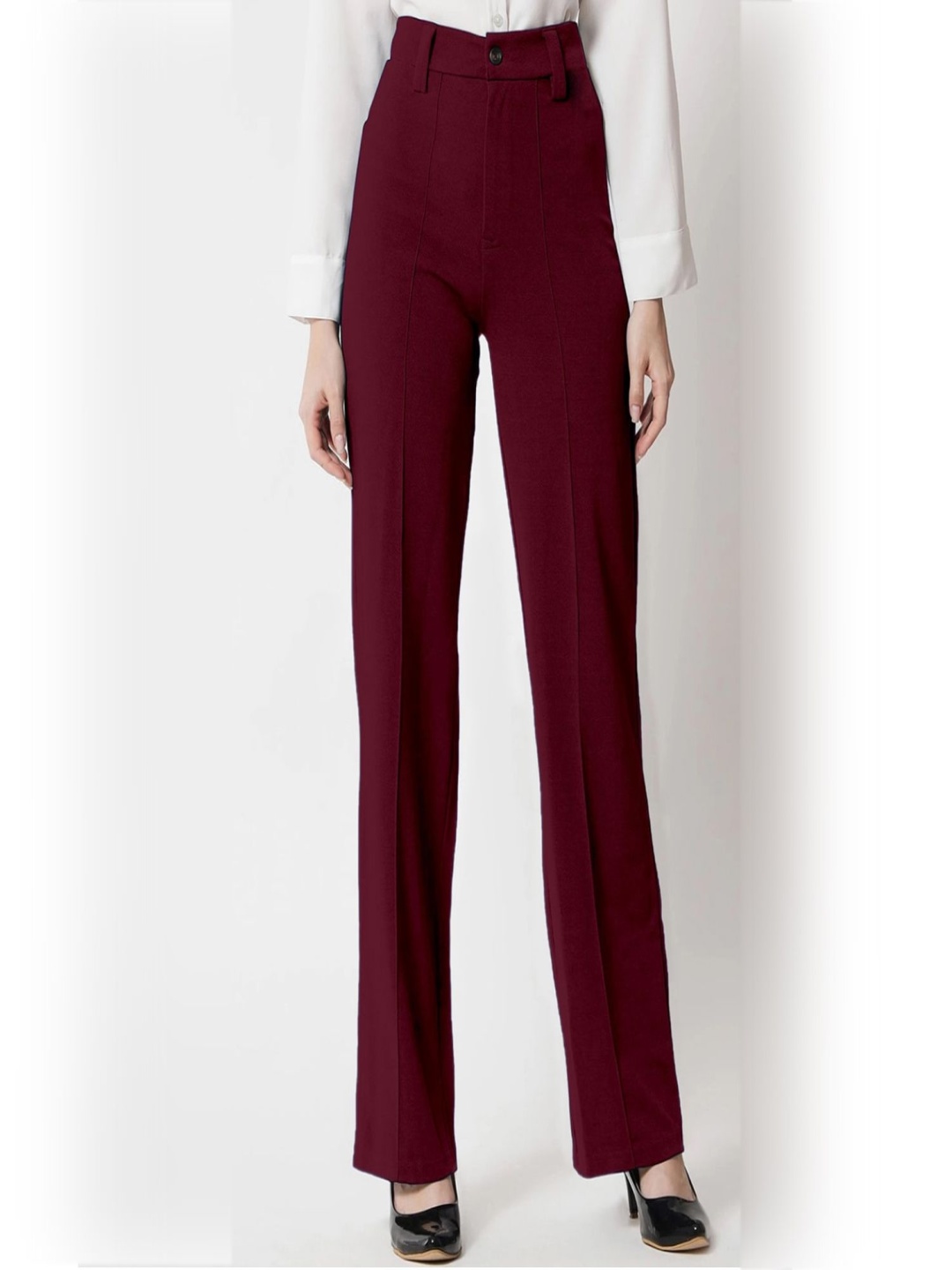 

Fashion Bazaar Women Relaxed Straight Leg Wrinkle Free Pleated Trousers, Maroon