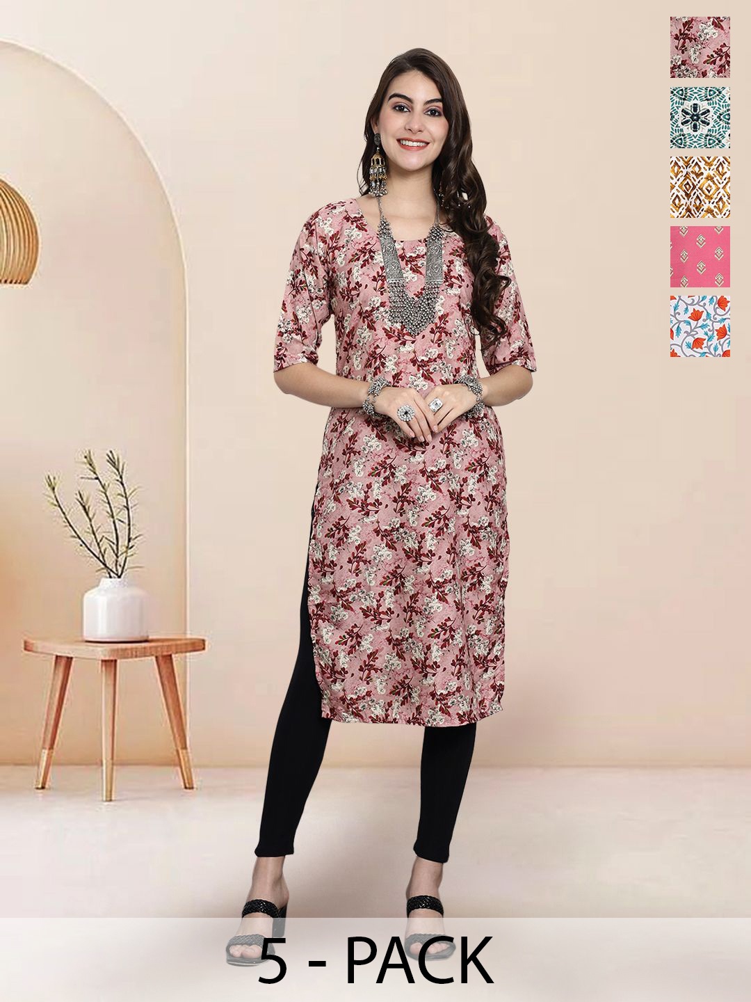 

7Threads Selection Of 5 Floral Printed Round Neck Straight Kurtas, Pink