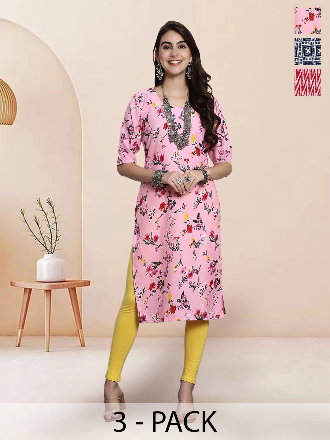 

7Threads Selection Of 3 Floral Printed Round Neck Kurtas, Pink