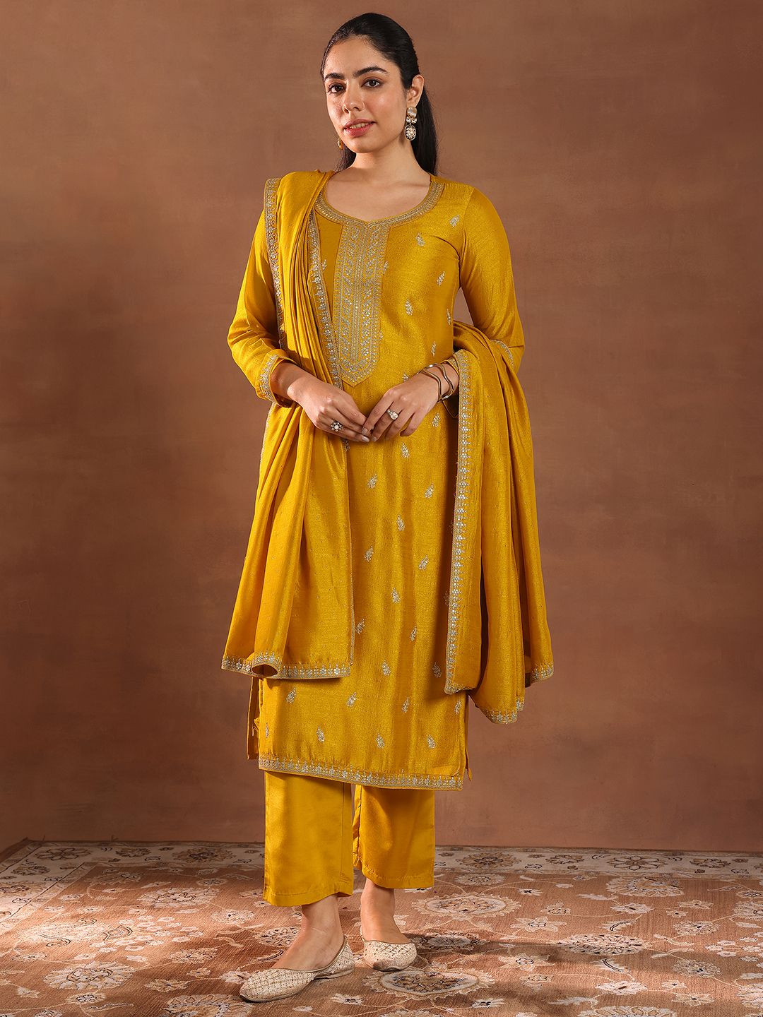 

Libas Floral Embroidered Sequinned Straight Kurta With Trousers & Dupatta, Mustard