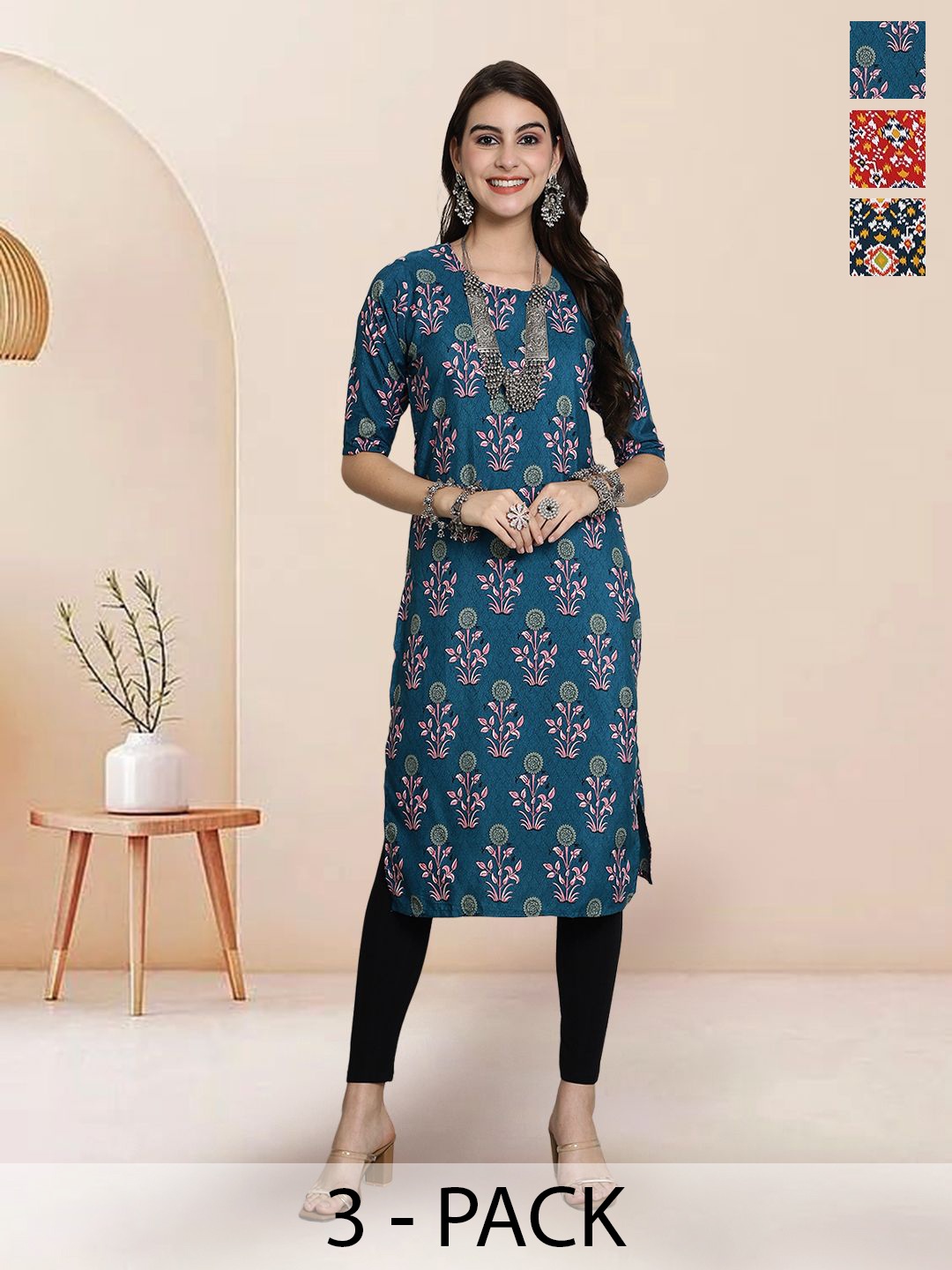 

7Threads Selection Of 3 Floral Printed Straight Kurtas, Blue