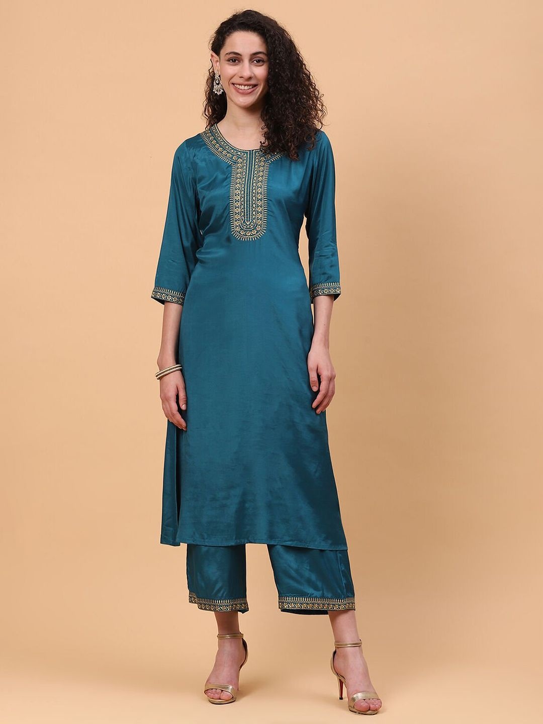 

Rangriti Floral Embroidered Round Neck Thread Work Straight Kurta With Palazzos, Teal