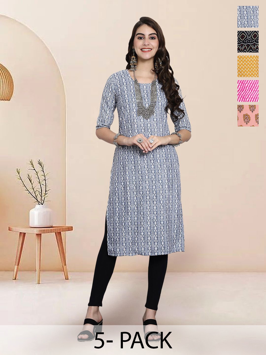 

7Threads Selection Of 5 Geometric Round Neck Straight Kurtas, White