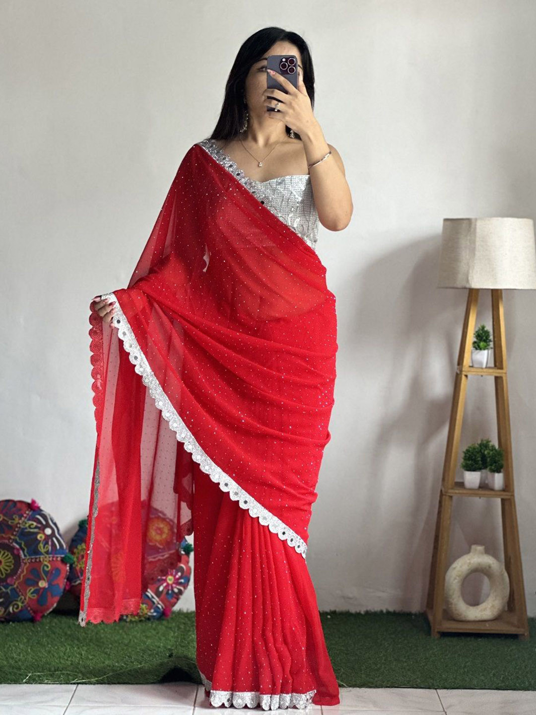 

Fashion Ritmo Embellished Mirror Work Pure Silk Saree, Red