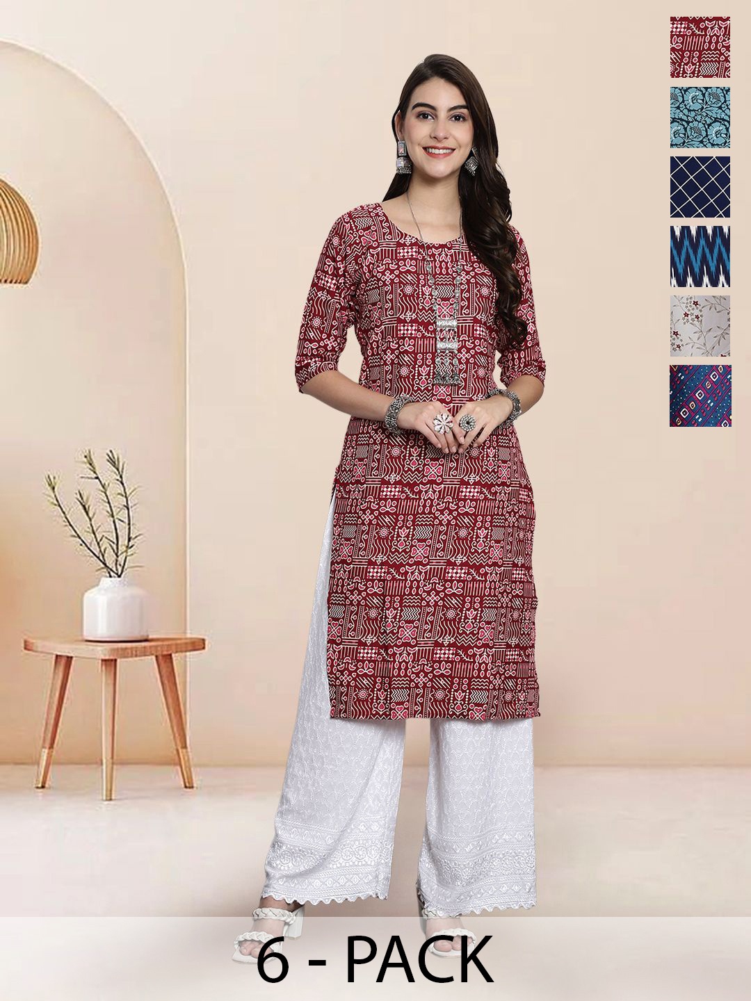 

7Threads Selection Of 6 Chevron Printed Round Neck Straight Kurtas, Red