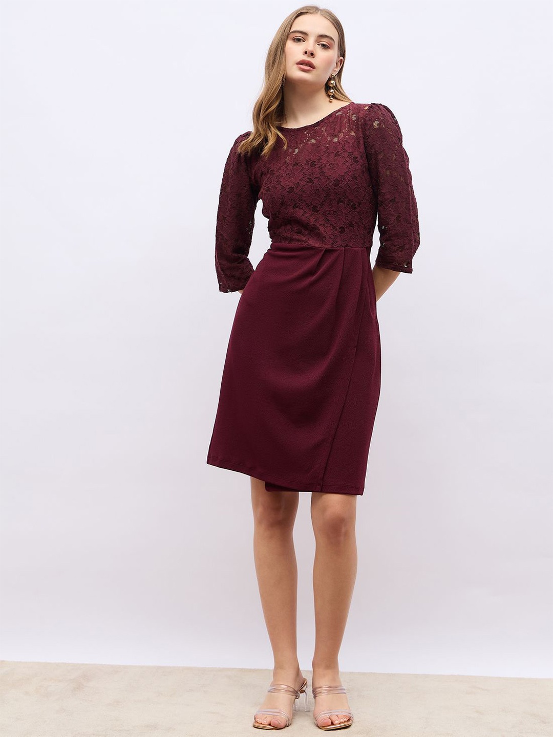 

Styli Women 3/4th Sleeves Lace Layer Sheath Dress, Burgundy