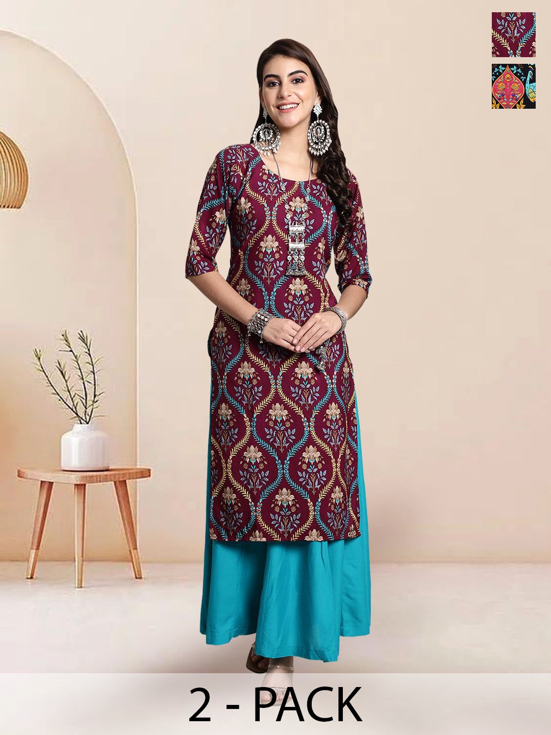

7Threads Selection of 2 Floral Printed Round Neck Straight Kurtas, Maroon
