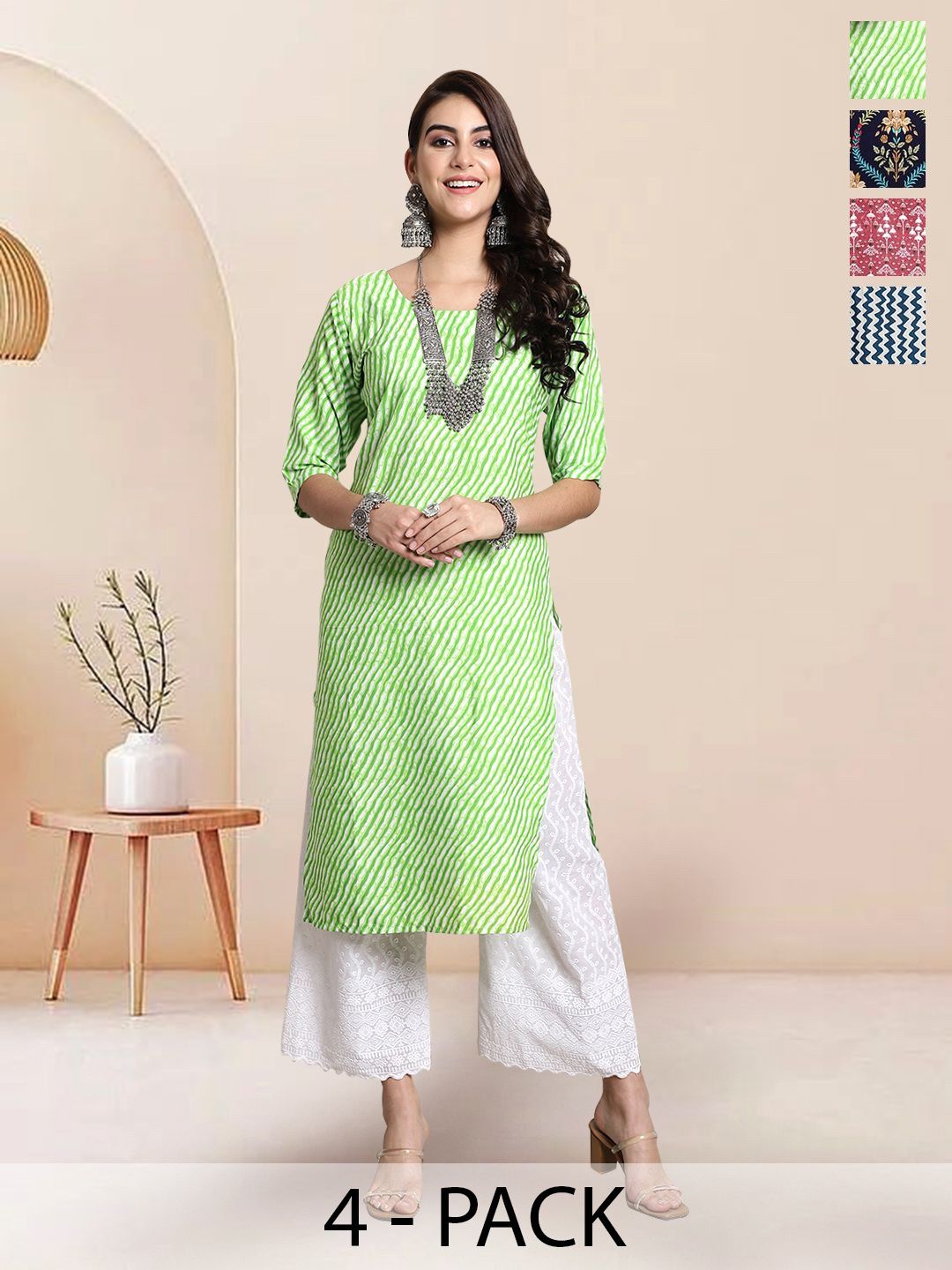 

7Threads Selection Of 4 Leheriya Printed Round Neck Kurtas, Green