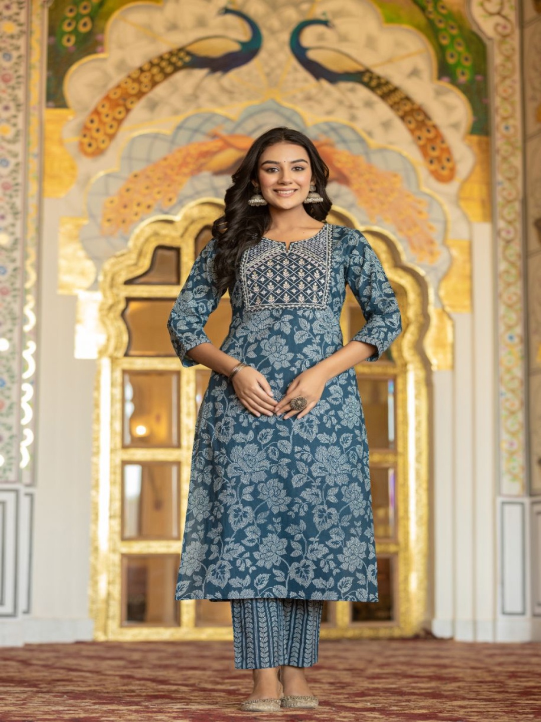 

AARDRAA Floral Printed Mirror Work Pure Cotton Straight Kurta With Trousers & Dupatta, Blue