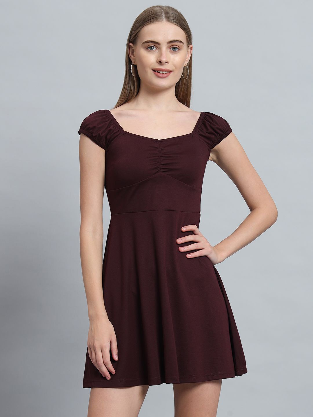 

ND & R Women Strechable Solid Fit & Flare Mini Length Dress, Maroon