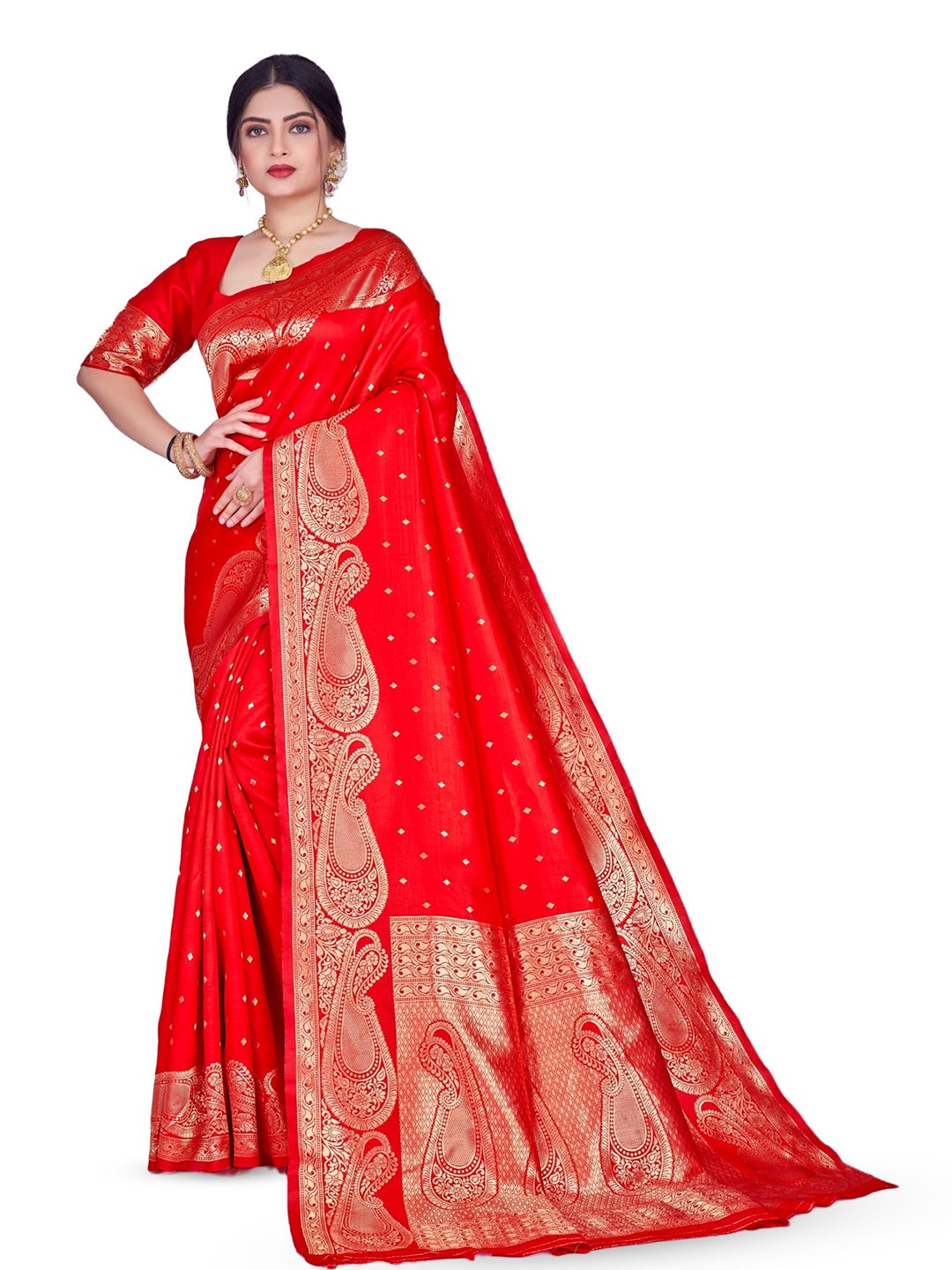 

Melok Woven Design Zari Art Silk Banarasi Saree, Red