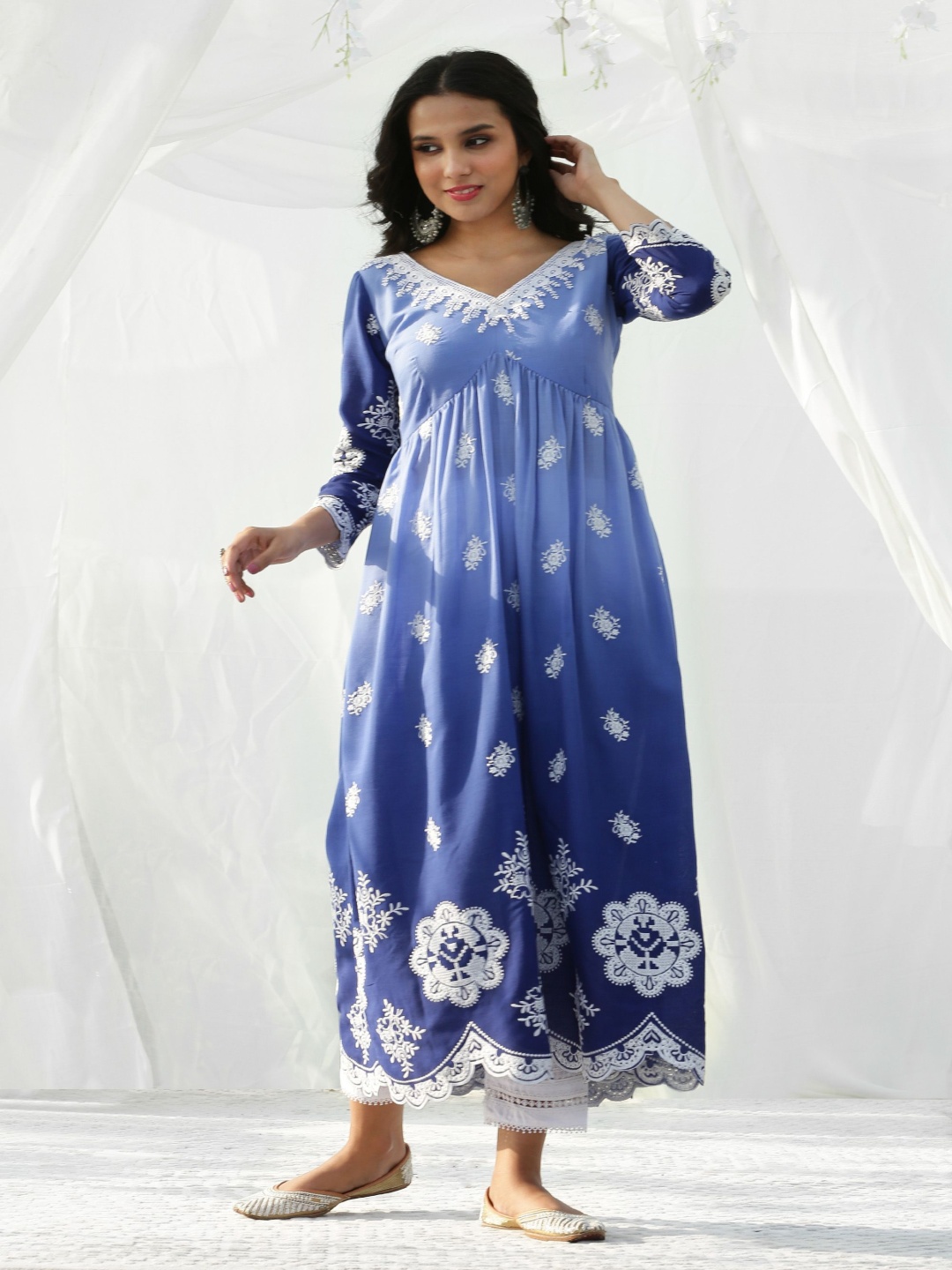 

SEW Floral Embroidered Pleated Thread Work Pleated Pure Cotton A-Line Kurta With Trouser, Blue
