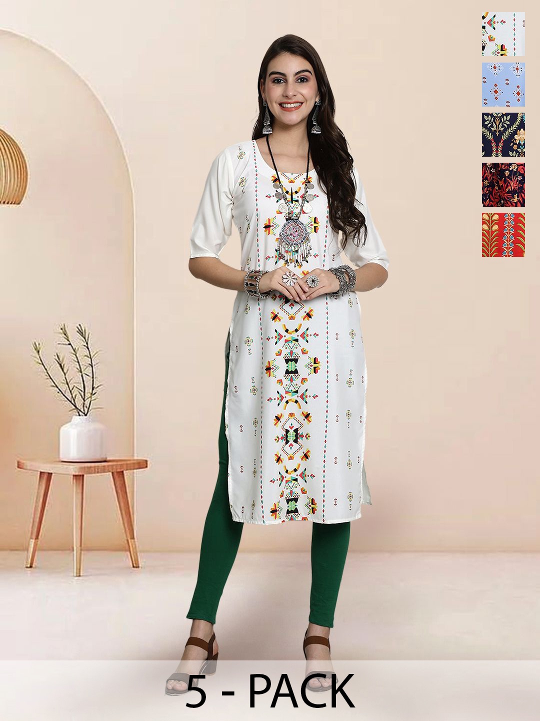 

7Threads Selection Of 5 Geometric Printed Round Neck Kurtas, White
