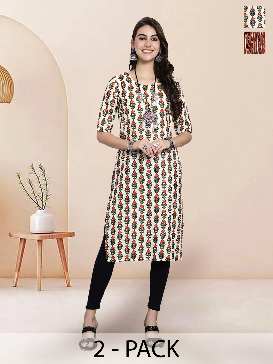 

7Threads Selection Of 2 Ethnic Motifs Printed Straight Round Neck Kurtas, Off white