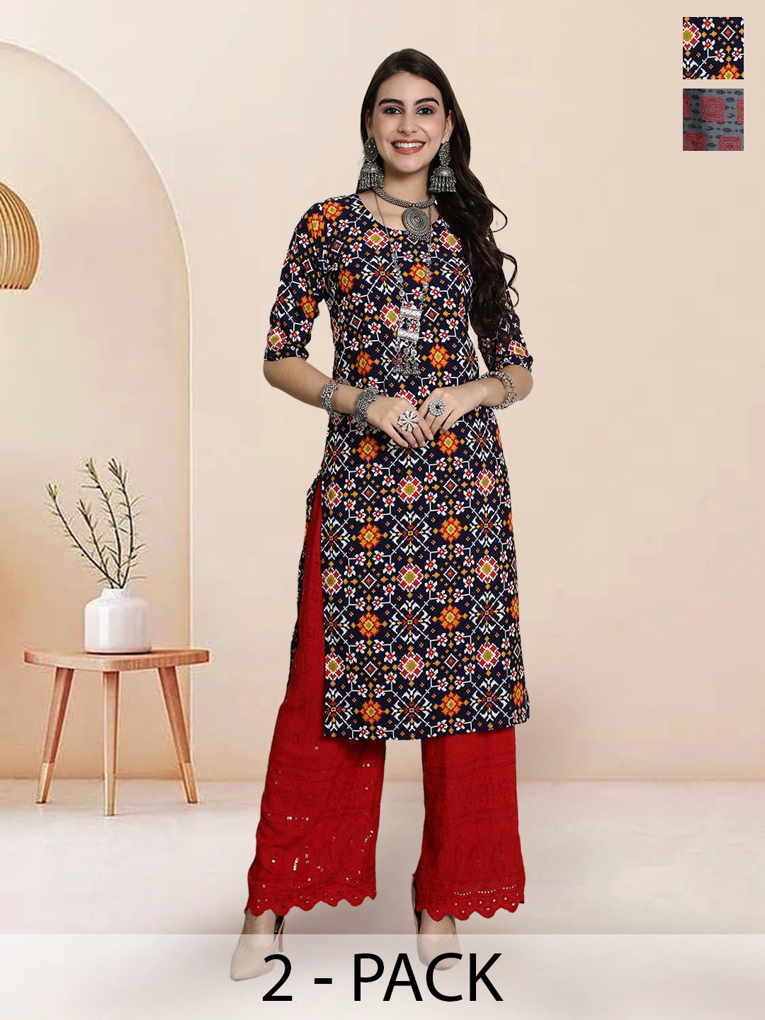 

7Threads Selection Of 2 Ethnic Motifs Printed Round Neck Kurtas, Black