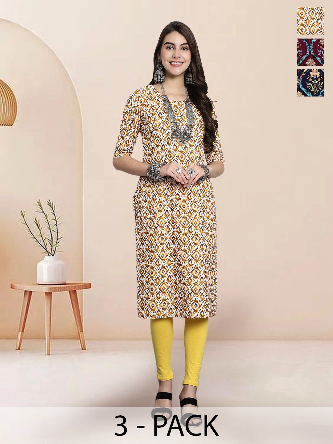 

7Threads Selection Of 4 Ethnic Motifs Printed Round Neck Straight Kurtas, White