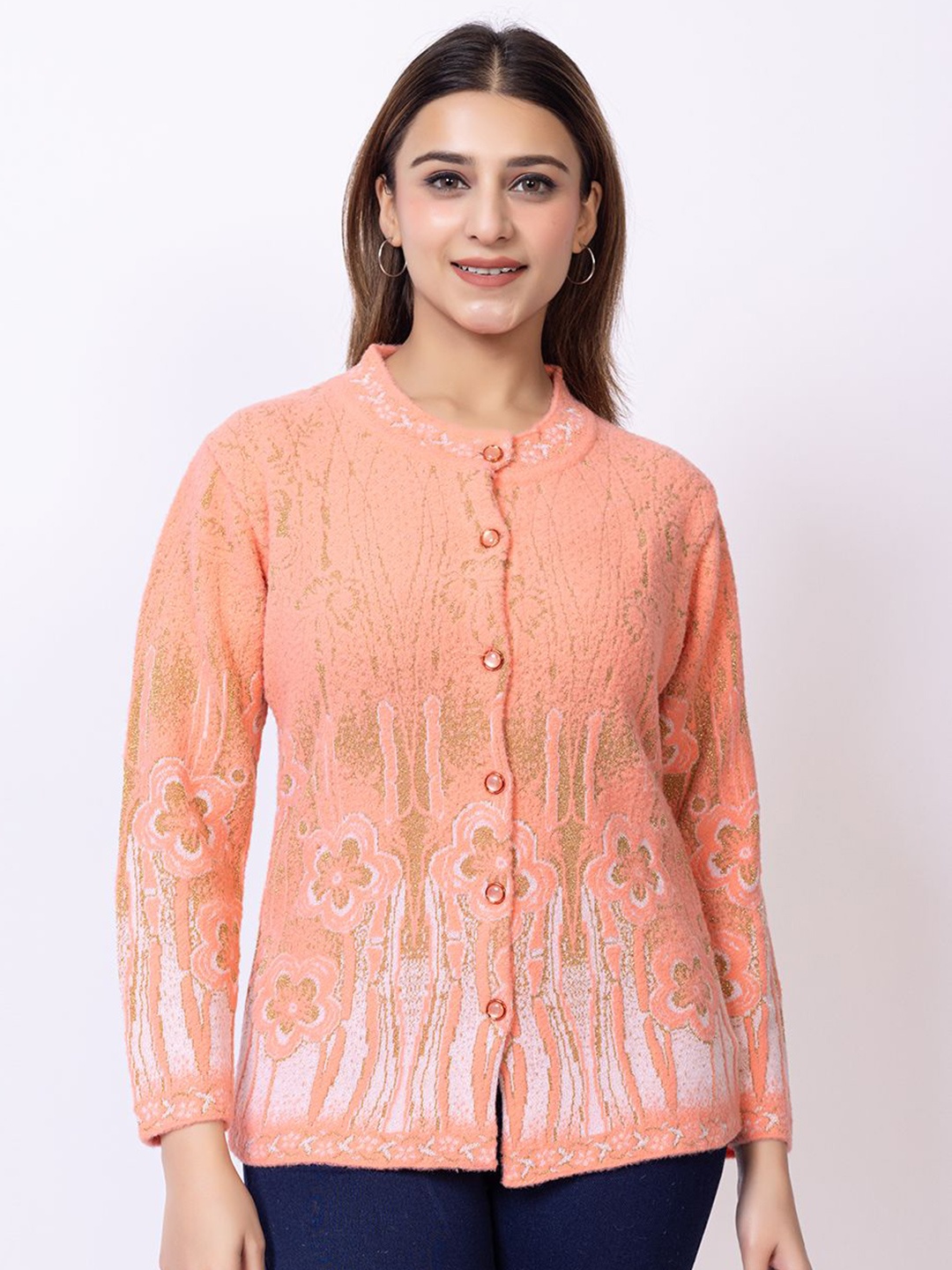 

Lady Leaf Women Floral Woollen Cardigan, Peach