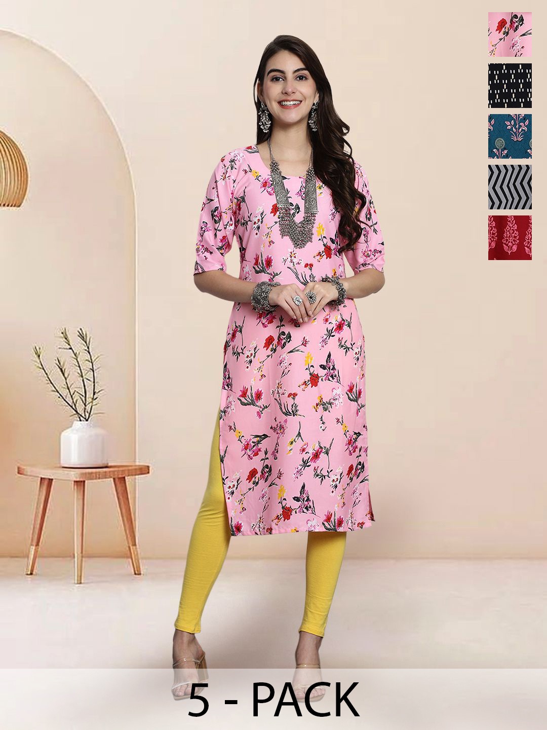 

7Threads Selection Of 5 Floral Printed Round Neck Straight Kurtas, Pink